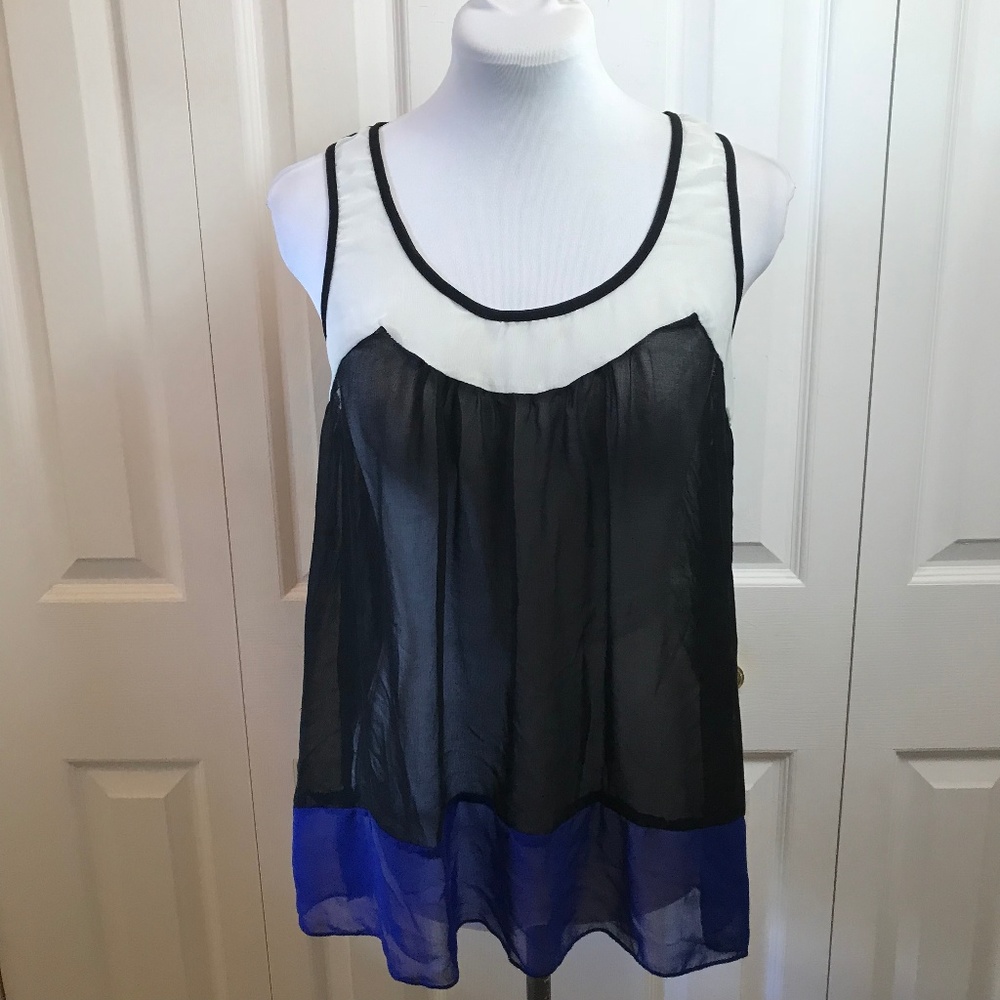ISSI Sheer Black White Blue Tunic Flowy Top M